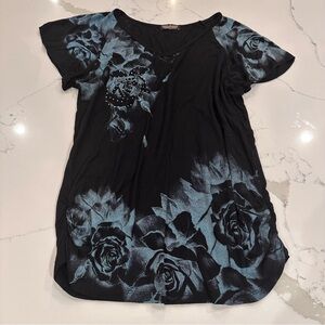 VTG Vanilla Sugar Y2K 90s Floral Embellished Top L Tattoo Grunge Whimsigoth Teal